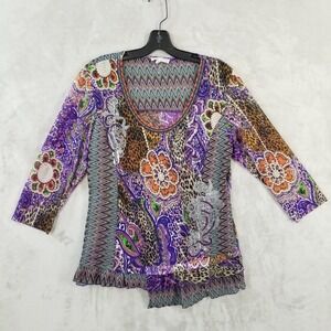 Alberto Makali‎ Top Women PXL Embroidered Multi Mesh Eclectic Hippie Art Shirt